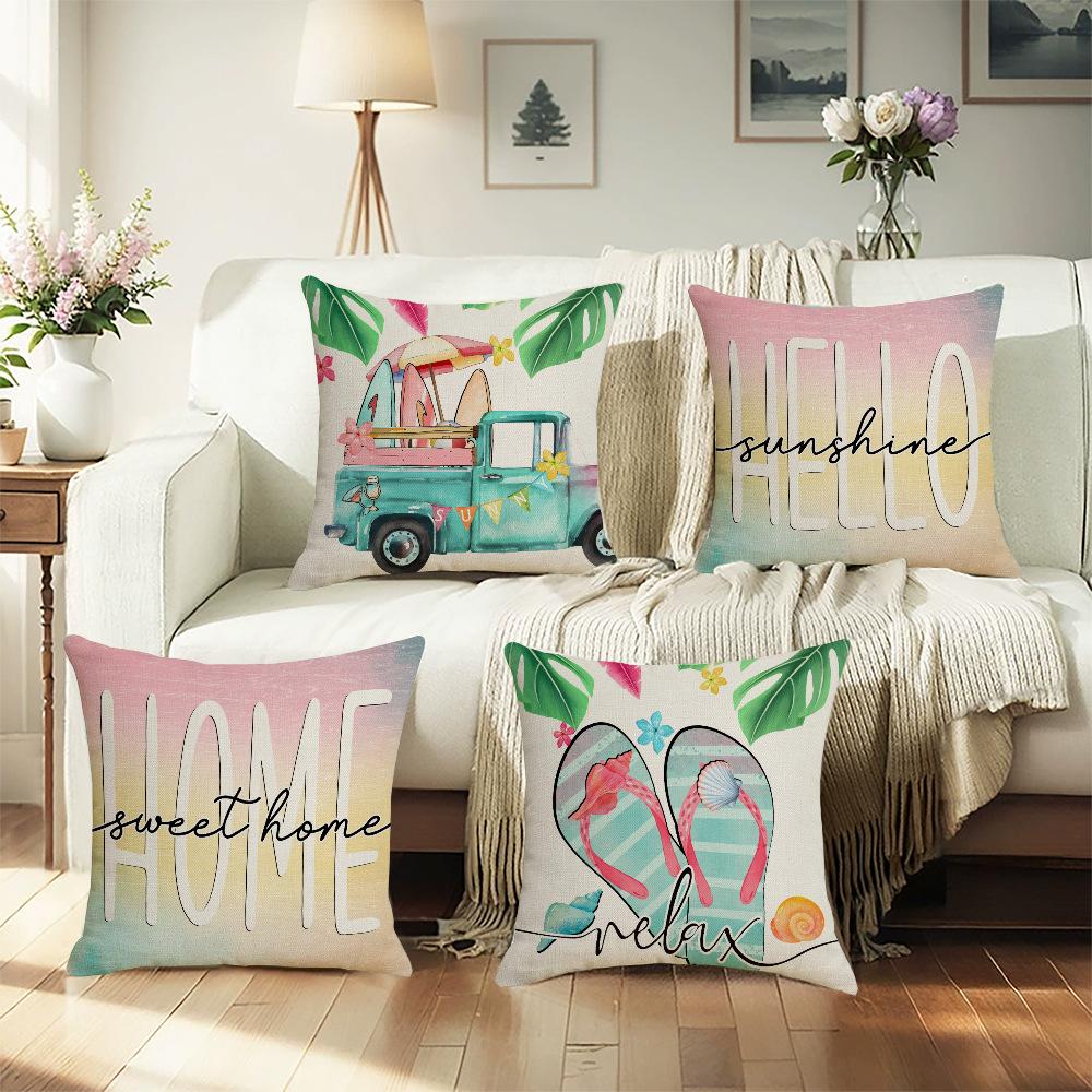 New Spring and Summer Cute Vacation Pillow Case Linen Printed Home Pillow Living Room Sofa Party Cushion Cover