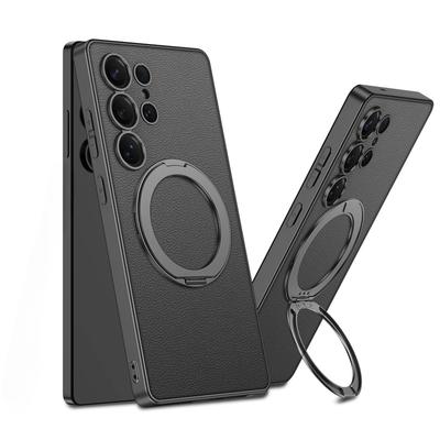 Magnetic Rotating Bracket Phone Case for Samsung Galaxy S25 Ultra Electroplate Leather Holder Shockproof Protective Cover