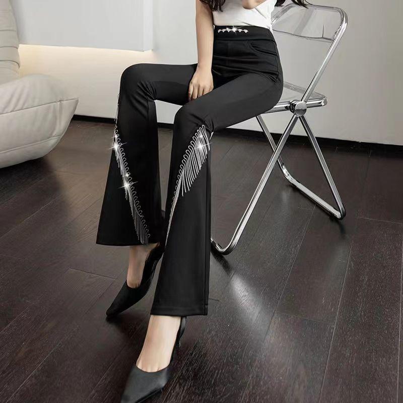Korean Fashion Diamond Chain High Waist Flare Pants Women New Black Elastic Tassel Slim Sexy Casual Versatile Straight Trousers