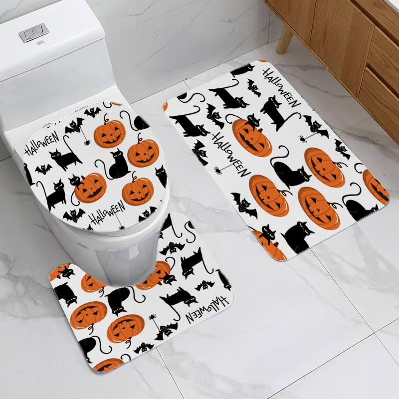 Halloween Shower Curtain Set - Pumpkin Cat Bat Spider Design, Includes Toilet Lid Cover & Bath Mats, 180X180Cm, 12 Hooks