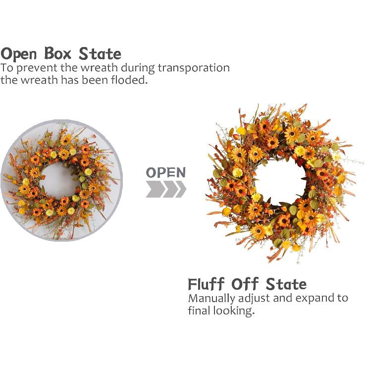 TEMPUS 22inch Thanksgiving Daisy Grain Wreath Autumn Harvest Wreath Eucalputs Leaves with Berries Wreath Fall Decor Front Door Indoor or Outdoor Wall