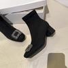 Suede Skinny Boots Coarse Heel Medium Heel Short Boots Women's Autumn and Winter Single Boots Rhinestone Square Head Internet Celebrity Elastic Flee
