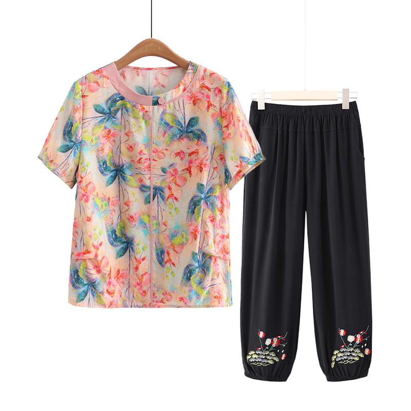 Datang Madam Elderly Women s Summer Casual Two-Piece Set 4XL