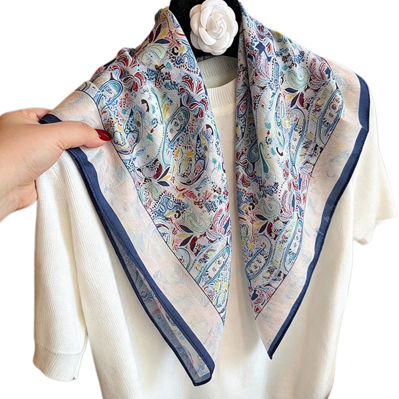 70cm Fashionable Versatile Paisley Silk Cotton Square Scarf for Women - High-End Feel, Perfect for Travel Photography and Neck Protection