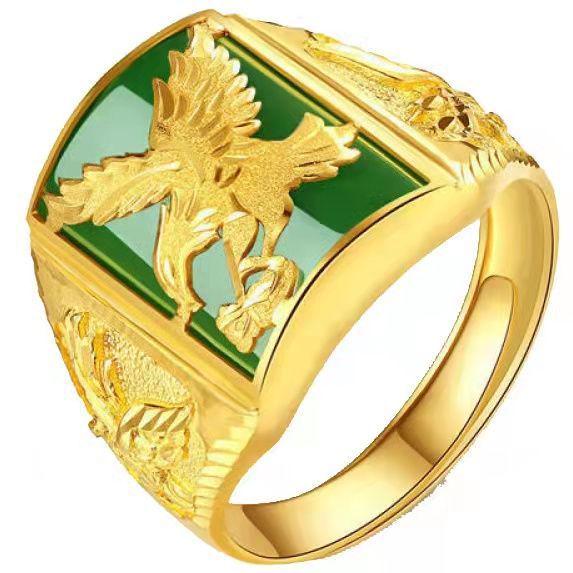 Vietnamese Sand Gold Men's Copper Gold-Plated Ring with Jade Fortune Design