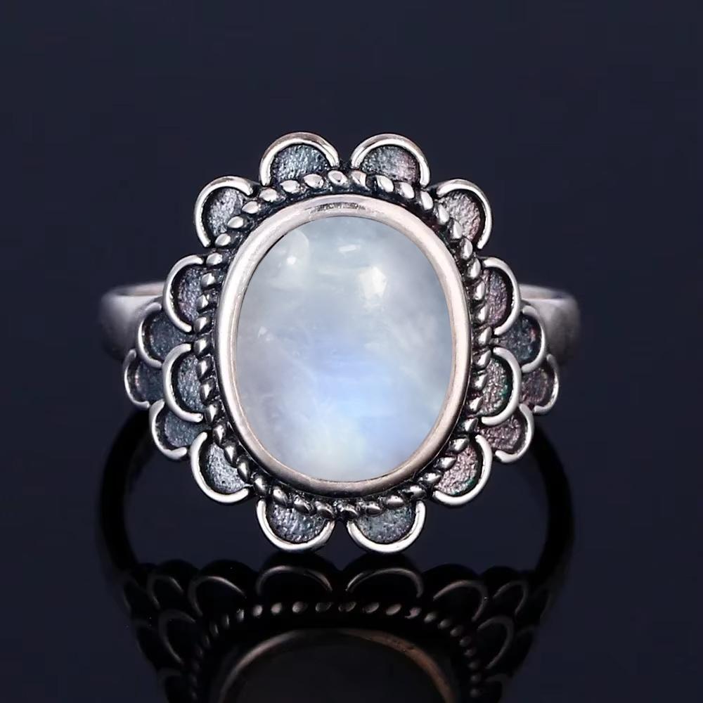 Vintage 925 Silver Ring Natural Moonstone Flower Ring 925 Hollow Eye Shape Round Sun And Moon Ring Fine Jewelry for Women Men