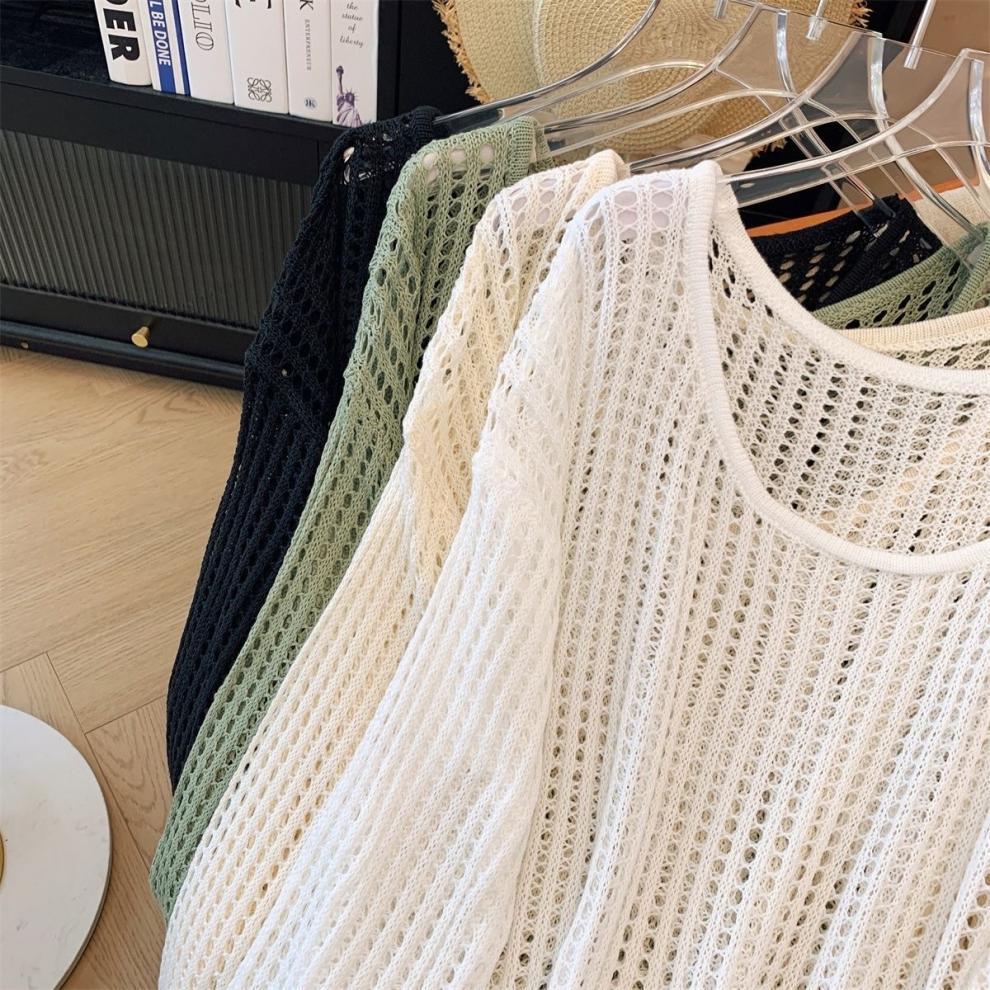 Summer Women’s Loose Knit Wool Sweater - Lightweight Sunscreen Blouse with Round Neck & Long Sleeves