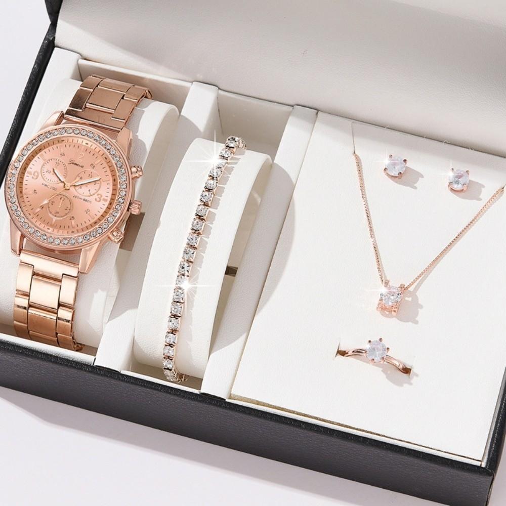 

6pcs Diamond Women s Watch Set Roman Dial Wristwatch Rhinestone Watch Jewelry Gift Set Elegant Bracelet Ladies Quartz Watch