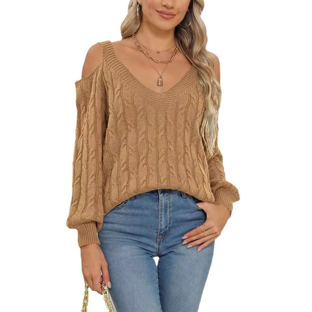 Women's Deep V Off Shoulder Loose Slouchy Knit Pullover Sweater, Fall Winter  Basic Top for Ladies