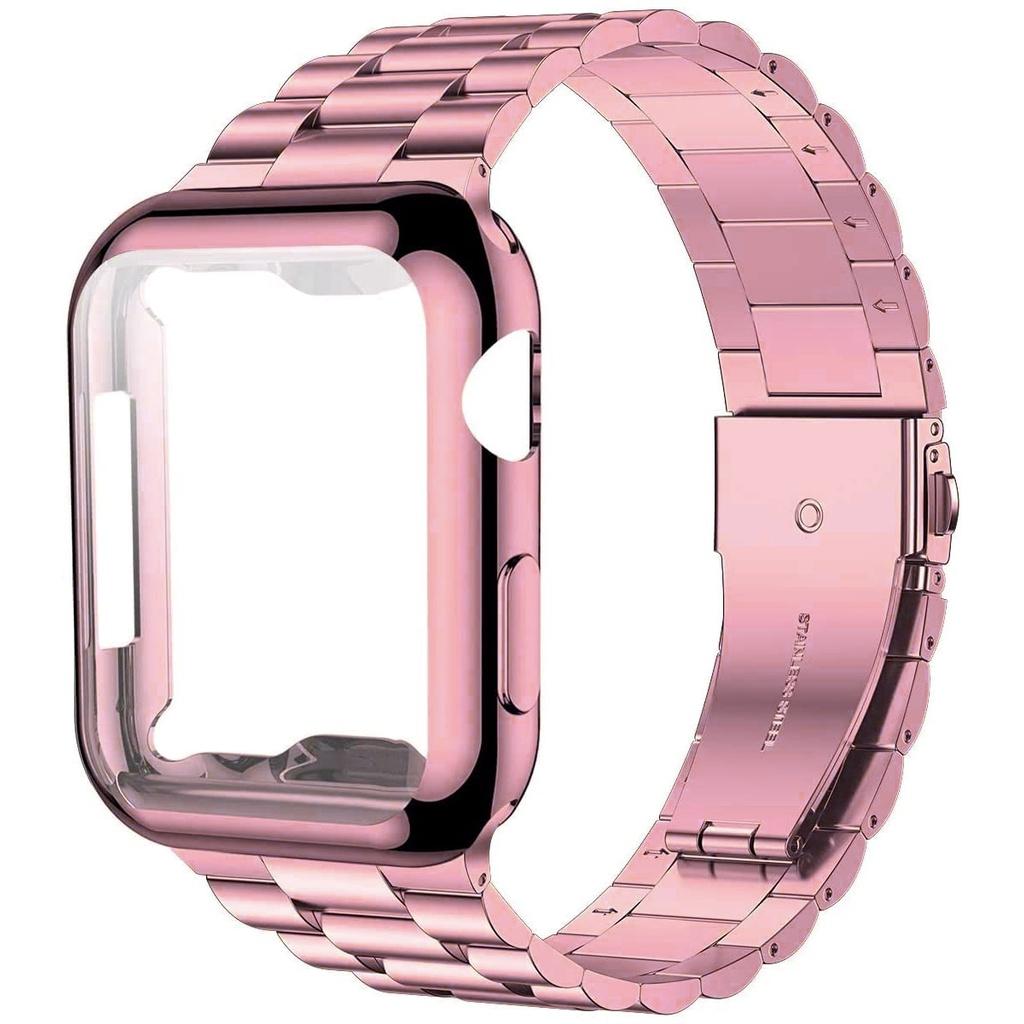 Pulseira de aço inoxidável + capa + protetor de tela de filme para pulseira de relógio Apple 44mm 40mm 45mm 41mm 38mm 42mm Iwatch Series 7 Se 6 5 4 3 T500 Pro T55