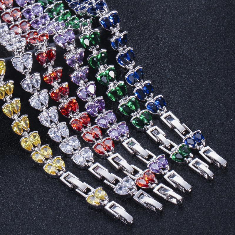Pera Elegant Purple CZ Crystal Silver Color Leaf Shape Link Chain Tennis Bracelet for Women Fashion Prom Party Jewelry Gift B052