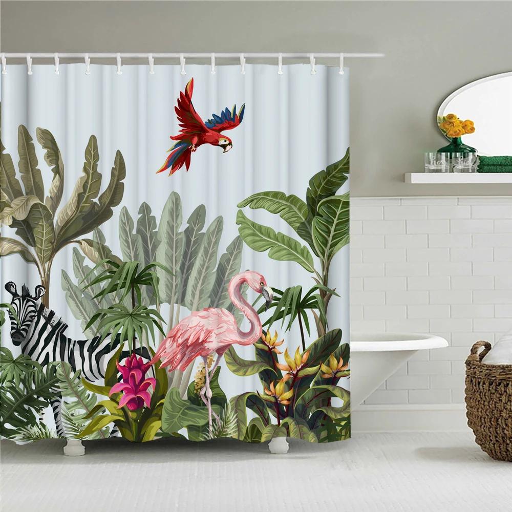 Tropical Plant Flamingo Shower Curtains Green Leaves Waterproof Polyester Fabric Home Decoration Bath Screen Bathroom Accessorie