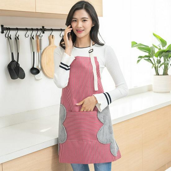 Waterproof Striped Apron with Hand-Wiping Feature for Cooking