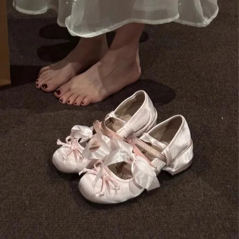 Fashion Women's Pink Ballet Mary Jane Shoes with Bow Knot Thick Heel Round Head Soft Shoes for Evening Wear