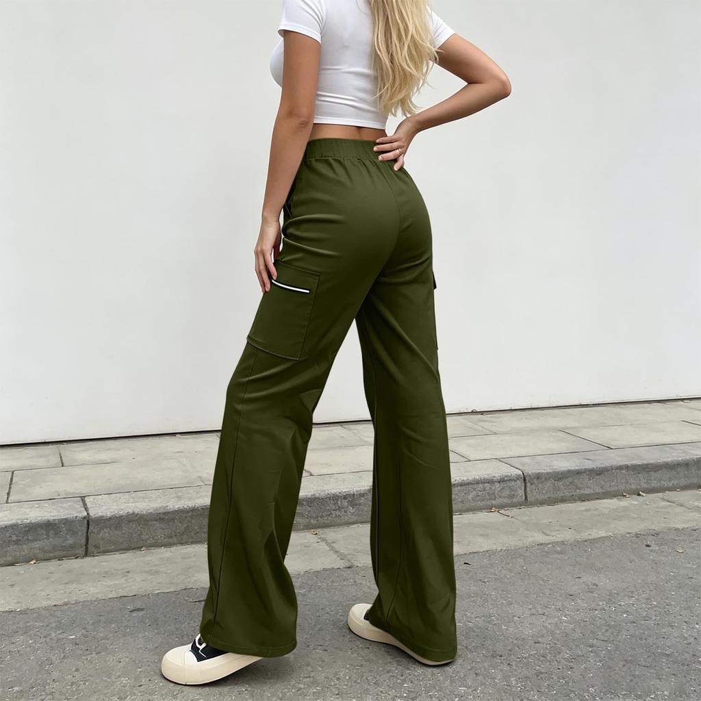 Women Casual Wide Leg Cargo Pants Elastic Waist Drawstring Pockets Long Trousers Lightweight Comfortable Fit