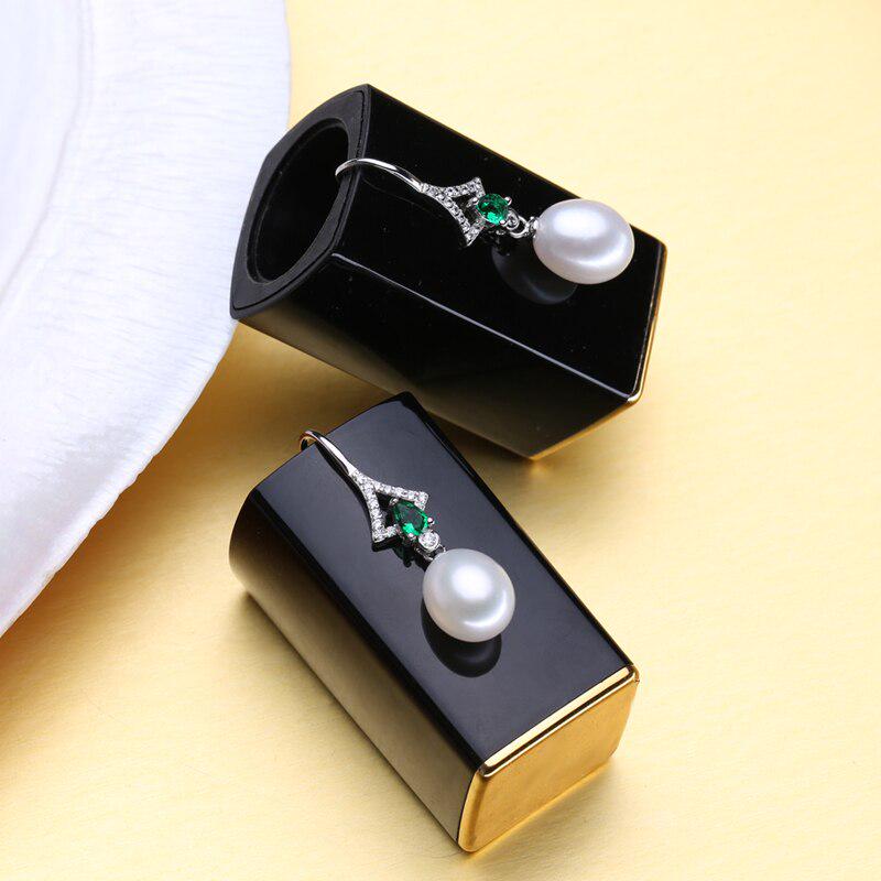 LSOOYH Green Crystal Freshwater Pearl Long Earrings Jewelry Sets Cubic Zirconia Leaf Necklace