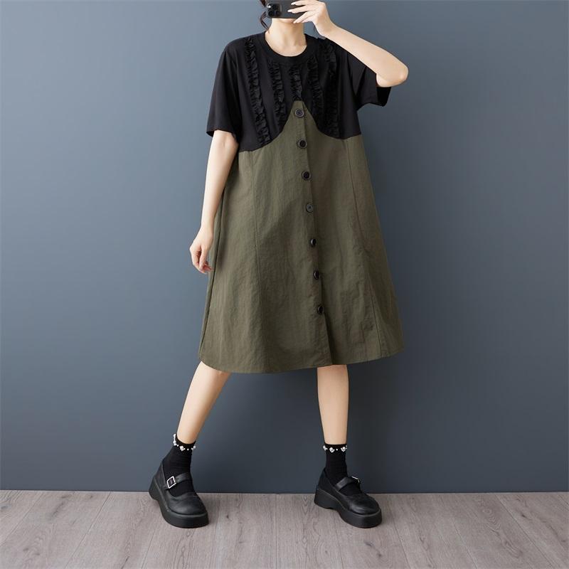 Korte mouw Plus size vintage Patchwork nieuw in jurken voor vrouwen casual los Midi zomerjurk