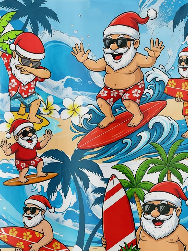 Hawaiian Casual Short-Sleeve Shirt with a Surfing Santa Claus Print