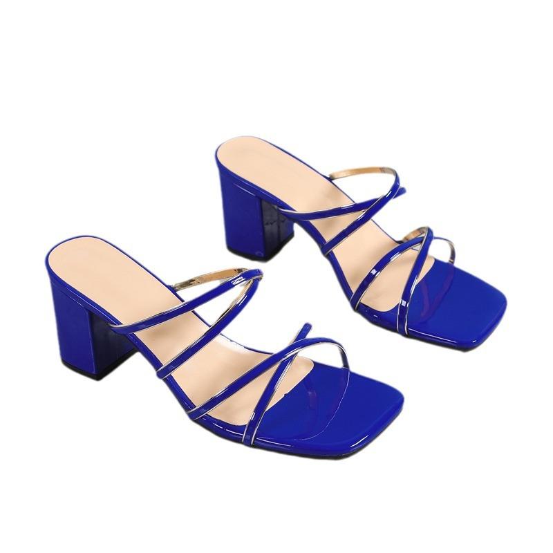 Sandale de damă noi cu vârf pătrat, pantofi încrucișați, sandale sexy cu curea subțire, margine aurie și toc gros pentru femei