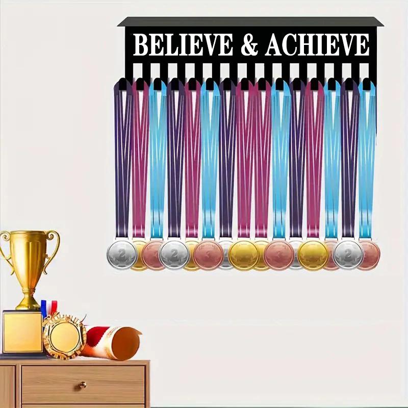 Metal Wall-Mounted Trophy & Medal Display Rack With "Believe Achieve" Motivational Sign Multi-Hook For Awards, Keys, Ribbons
