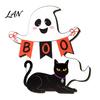 Scary Halloween Signs Black Cat Ghost Door Sign, Decorative Plaque, Wooden Hanging Festival Props Vintage Rustic Decor with Jute Rope, Seasonal