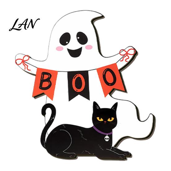 Scary Halloween Signs Black Cat Ghost Door Sign, Decorative Plaque, Wooden Hanging Festival Props Vintage Rustic Decor with Jute Rope, Seasonal