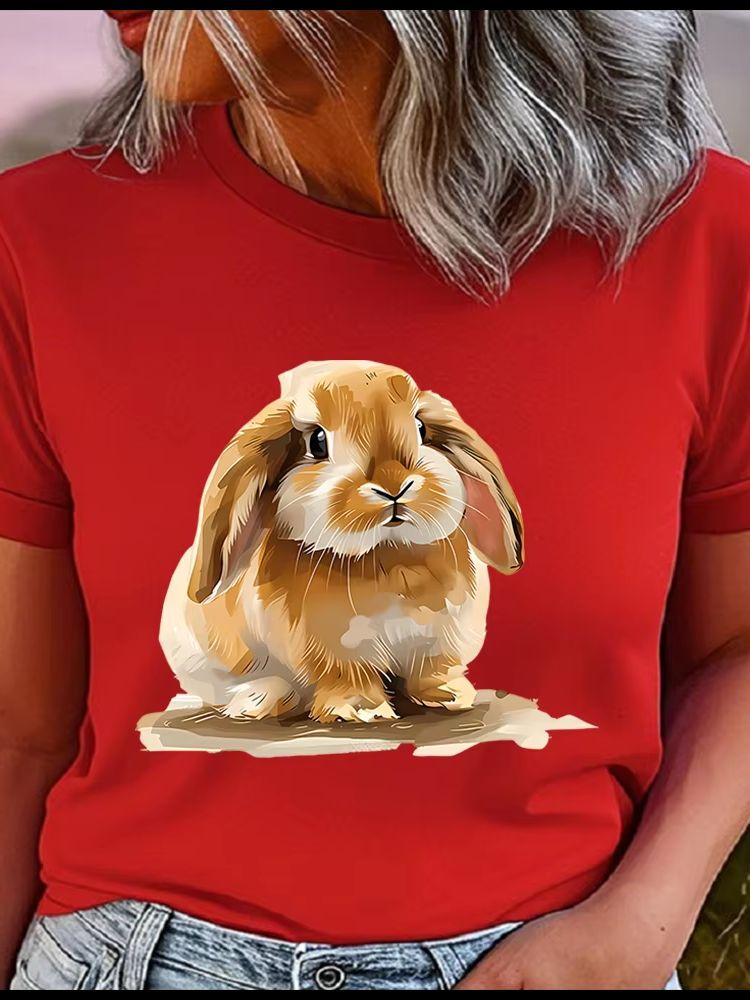 Women's Polyester 100% Cute Rabbit  Print T-shirt Loose Round Neck Casual Short Sleeve Fashion Top Wholesale Clothing Summer