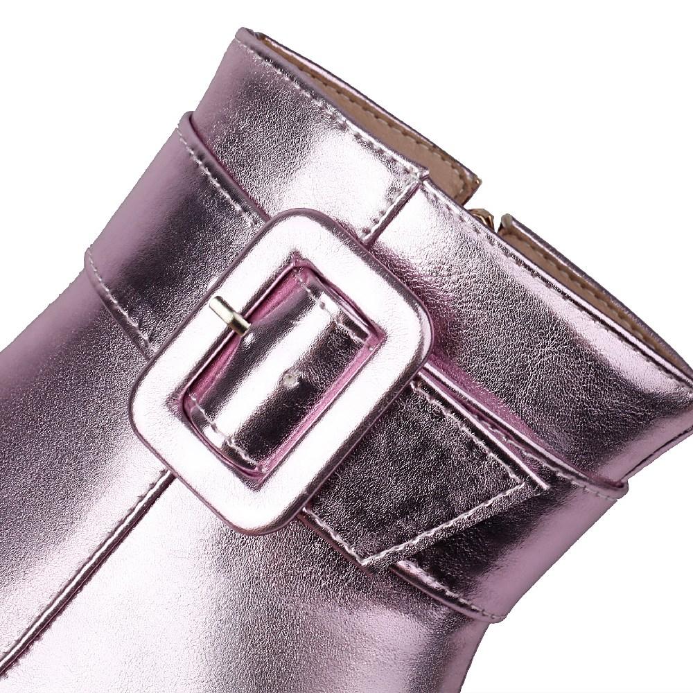 Metallic Red Gold Platform Ankle Boots Women High Chunky Heels Silver Pink Party Dress Lady Winter Plush Punk Buckle Short Boots