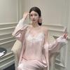 Women’s Spring Autumn Lace Ice Silk Pajama Set Sexy Camisole Top, Long Pants and Robe Three-Piece Loungewear