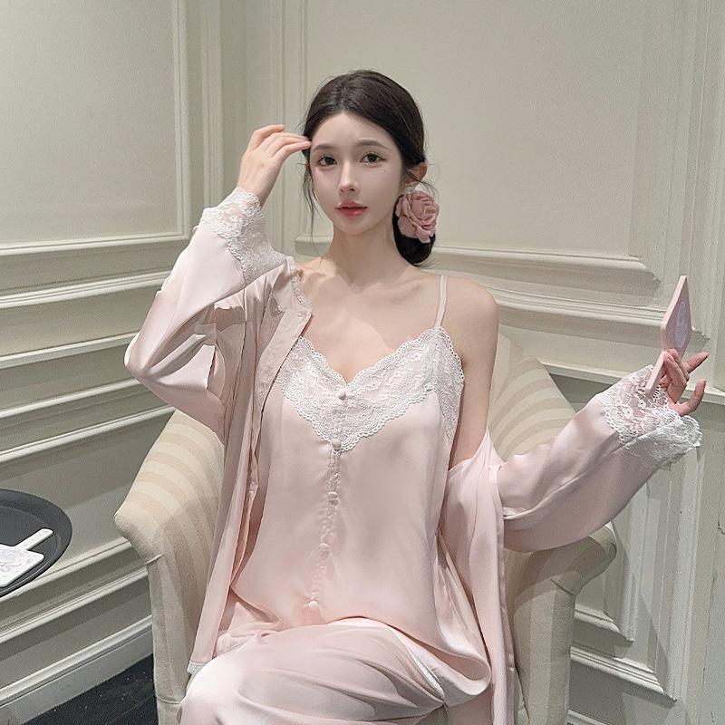 Women’s Spring Autumn Lace Ice Silk Pajama Set Sexy Camisole Top, Long Pants and Robe Three-Piece Loungewear