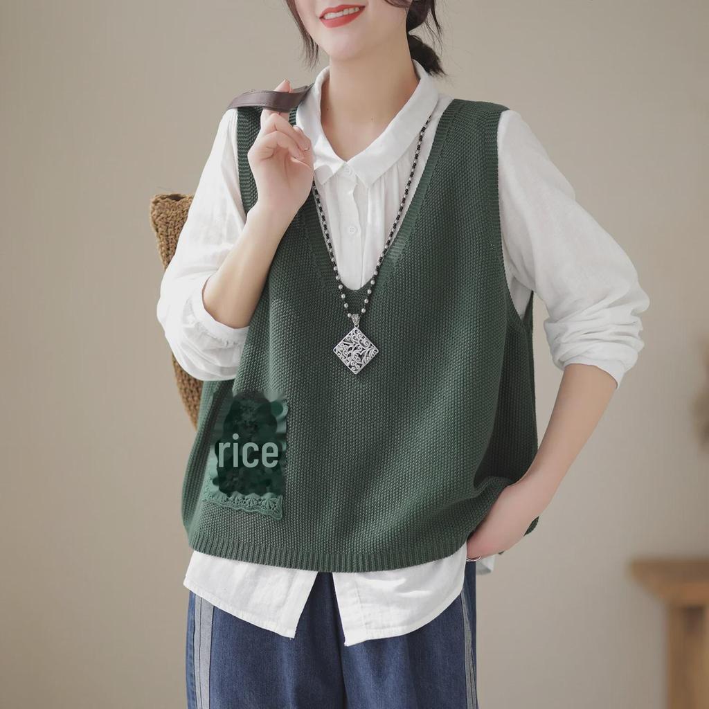"Spring 2024 Women's Knitted Sleeveless Lace-Trim Vest – Solid Color Casual Top"