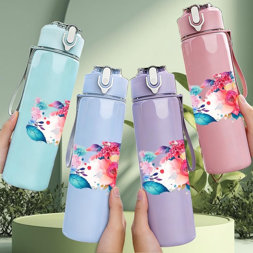 1PC Boho Mixed Flower Bouquet Print 750ml Color Plastic Sports Water Bottle Leakproof Flip Straw Lid Suitable for Sports Office Home Use