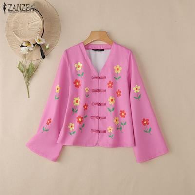 Women V-Neck Casual Long Sleeve Floral Print Blouse