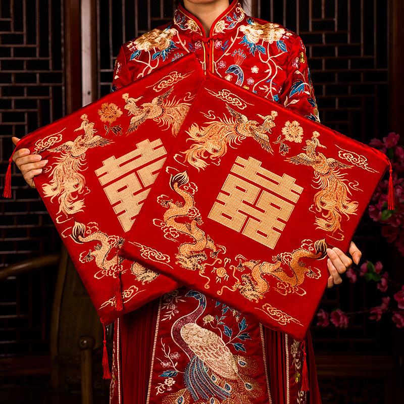 Wedding Double Happiness Kneeling and Sitting Cushion Set for Tea Ceremony and Worship, Red