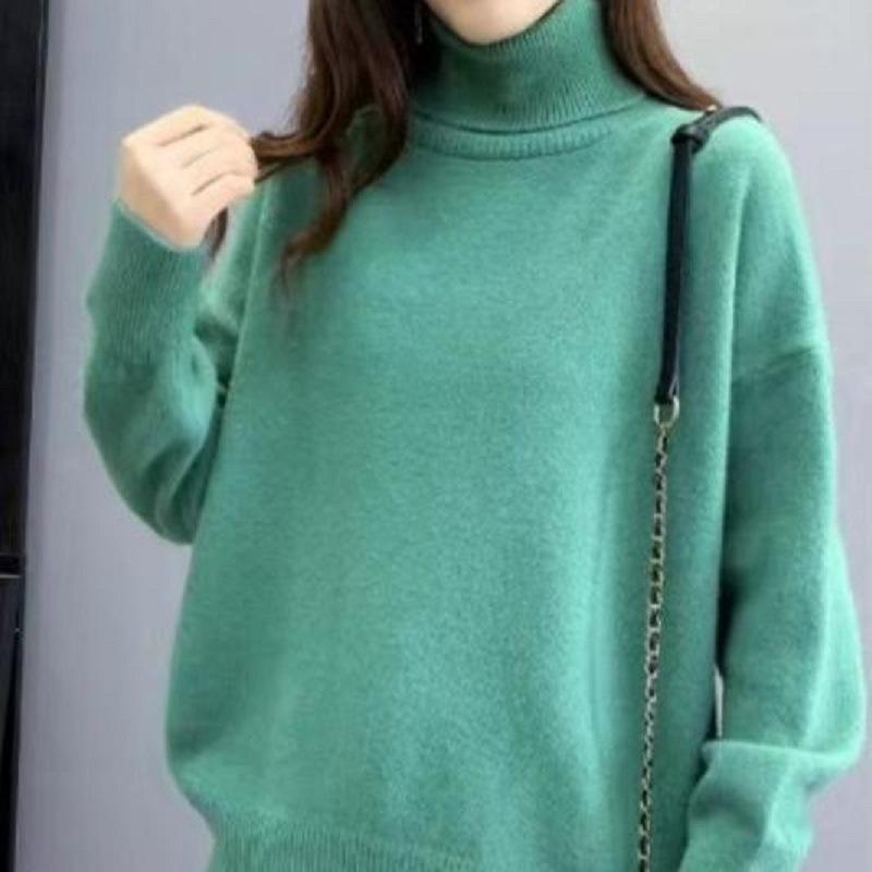 

Осенне-зимний взрыв высококачественный ленивый стиль однотонная вязаная базовая рубашка тонкий топ водолазка пуловер женский повседневный 410-302 (average size) зелёный