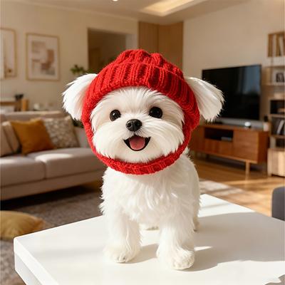 Red Knitted Dog Hat Winter Warm Pet Dog Hat Knit Yarn Cap with Ear Holes for Small Dogs Puppies Christmas Party Festive Photo Shoots
