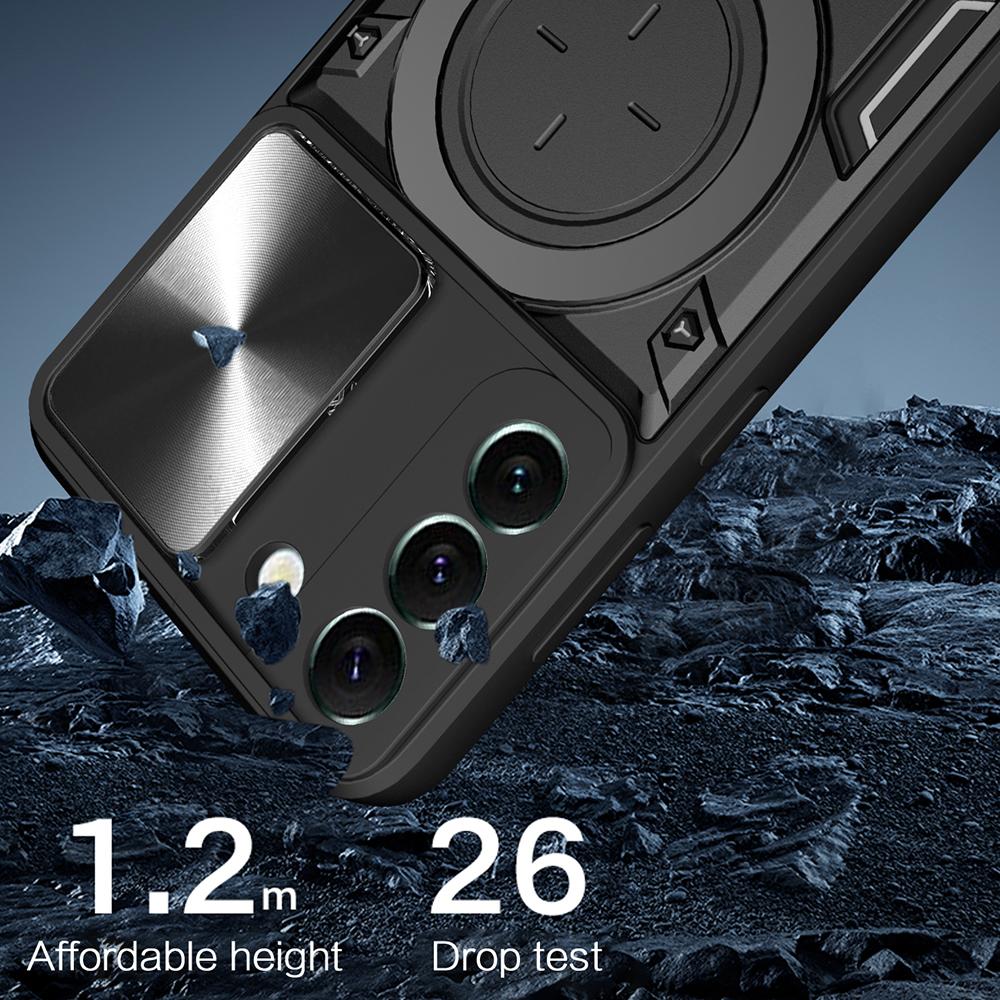 For Samsung Galaxy S22 5G Rotatable Kickstand Back Cover PC+TPU Phone Case with Slide Camera Lid