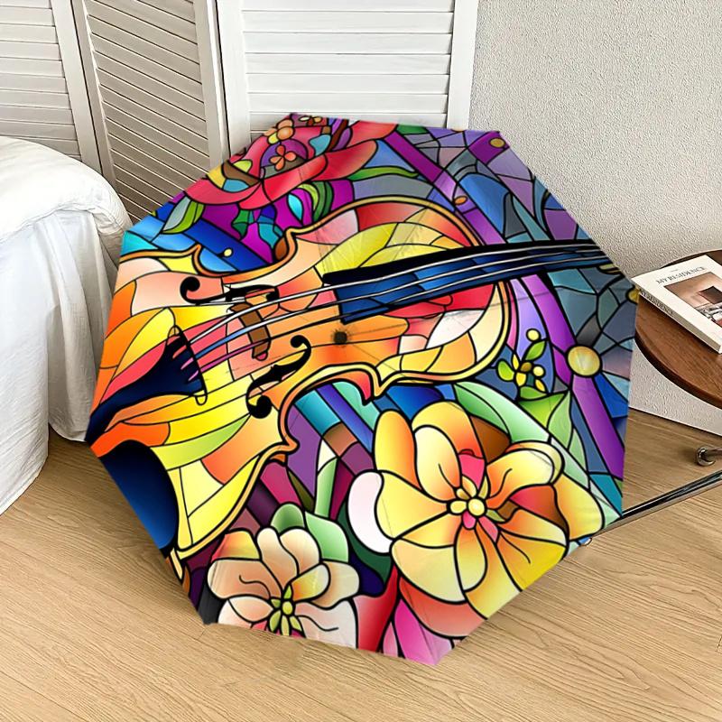 Stained Violin & Flowers Auto Open Close Umbrella, Portable Folding Design, 8-Bone Iron Frame Outdoor Umbrella, Festival Gift for Fans, Trav