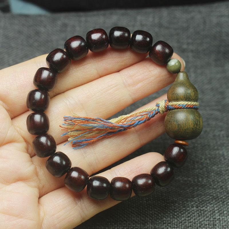 9mm Red Sandalwood Old-Style Beads Bracelet with Green Sandalwood Gourd Pendant
