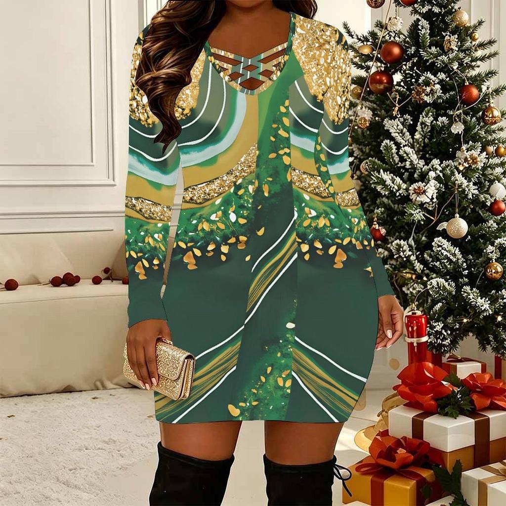 Women Plus Size Long Sleeve V Neck Crisscross Hollow Bodycon Mini Party Club Dress