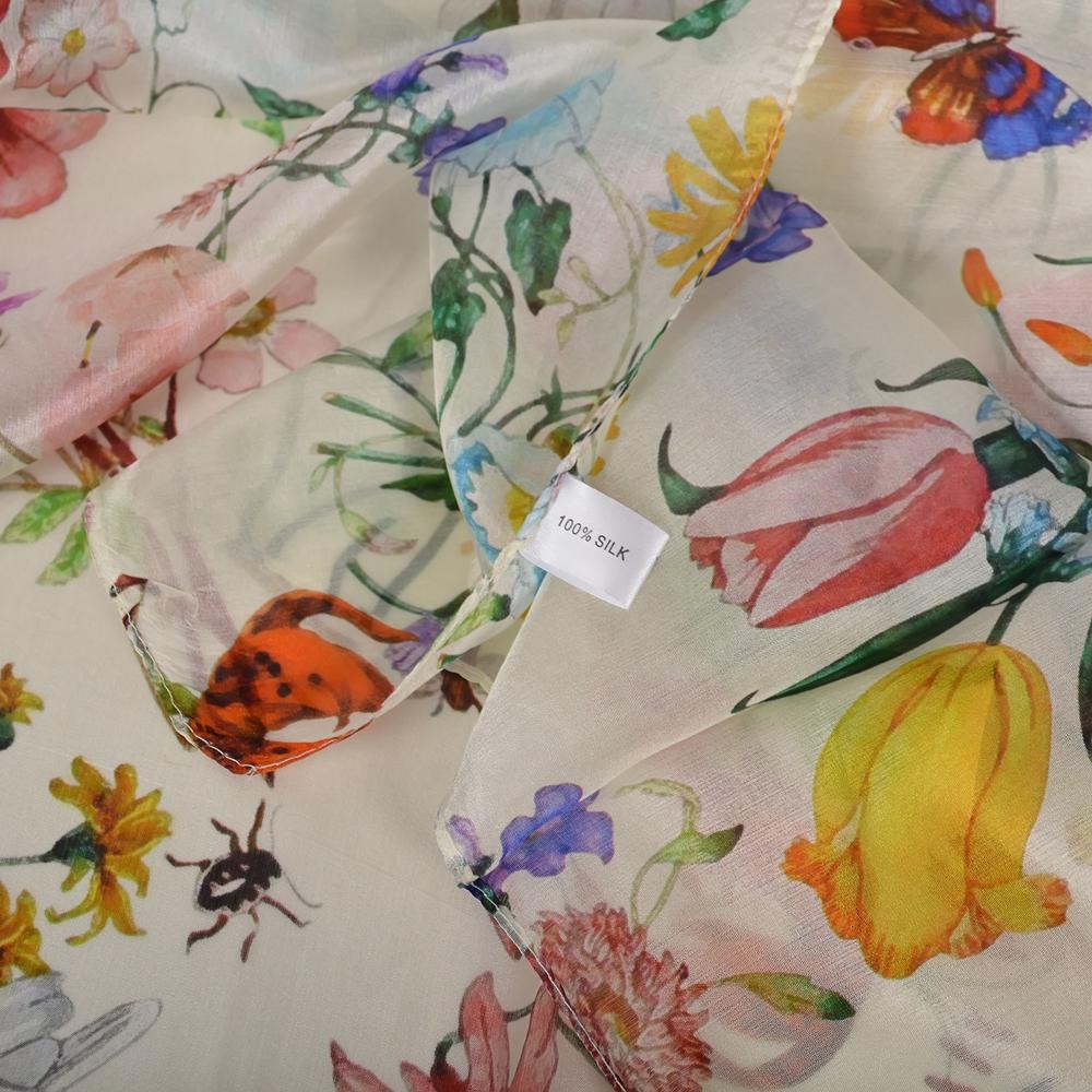 White 100% Mulberry Silk Scarf Shawl Women New Floral Design Summer Long Beach Shawl Luxury Ladies Neck Scarves Hijabs