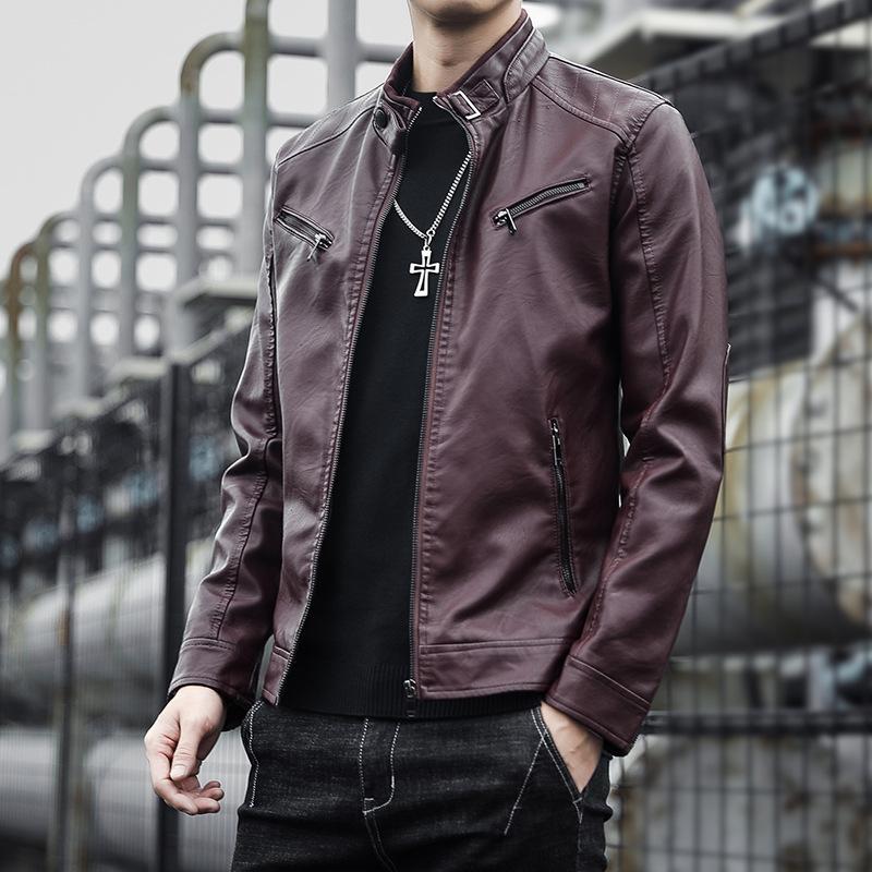 Cappotto in pelle PU da uomo versione coreana casual da uomo colletto alla coreana slim fit giacca in pelle da motociclista cappotto in PU da uomo giovanile