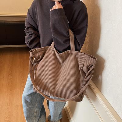 Borsa Tote in Velluto a Coste Monocolore Grande Capacità Vintage Pendolare Borsa a Spalla da Donna