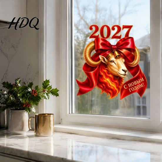 Clear Pattern Window Decors 2027 Year of Goat Cling Static Decal with Red Bow Chinese Flexible Shape Stickers New Glass Sticker