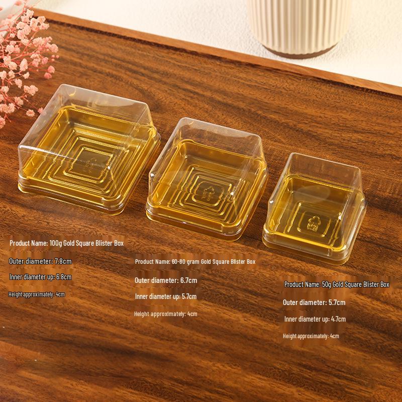 Mid-Autumn Festival Mooncake Box with Lid, Clear Cake Blister, Gold Plastic Tray
