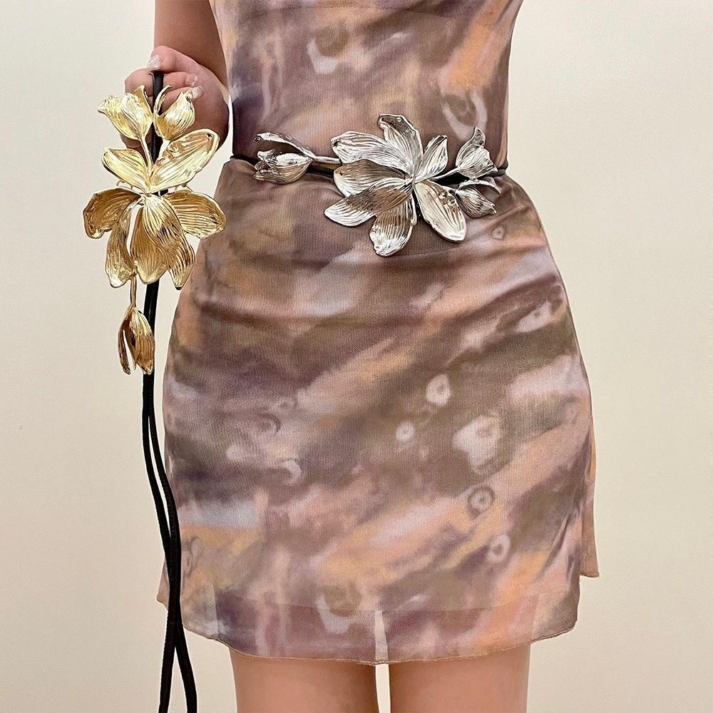 Zinc Zinc Alloy Metal Flower Waist Chain Vintage Exaggerated Belt Long Golden Tulip Belt  Gift