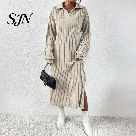 Ribbed Sweater Dress Women Knit for Fall Winter, Long Sleeve with Elegant Dresses Side Split, Solid Color Casual Collared V Neck Midi