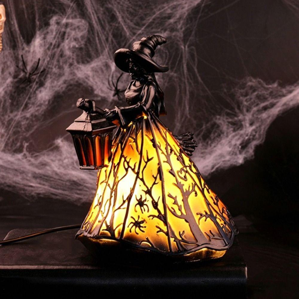Strašidelné sošky čarodějnic na koštěti 16cm Pryskyřice Noční světlo Sváteční dekorativní lampa Halloweenská párty