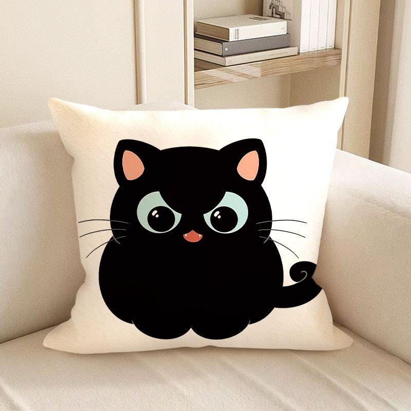 Cute Black Cat Cartoon Throw Pillow Cover - Minimalist Animal Home Decor