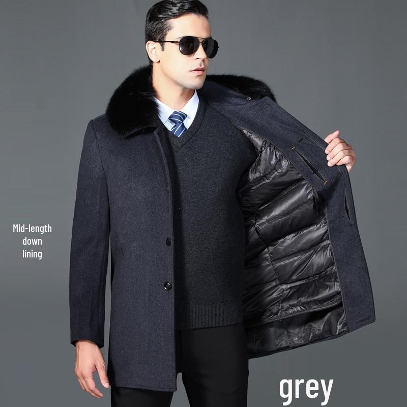 Men's Winter Wool Overcoat with Real Fur Collar and Detachable Liner - Knee-Length Jacket for Middle-Aged and Elderly